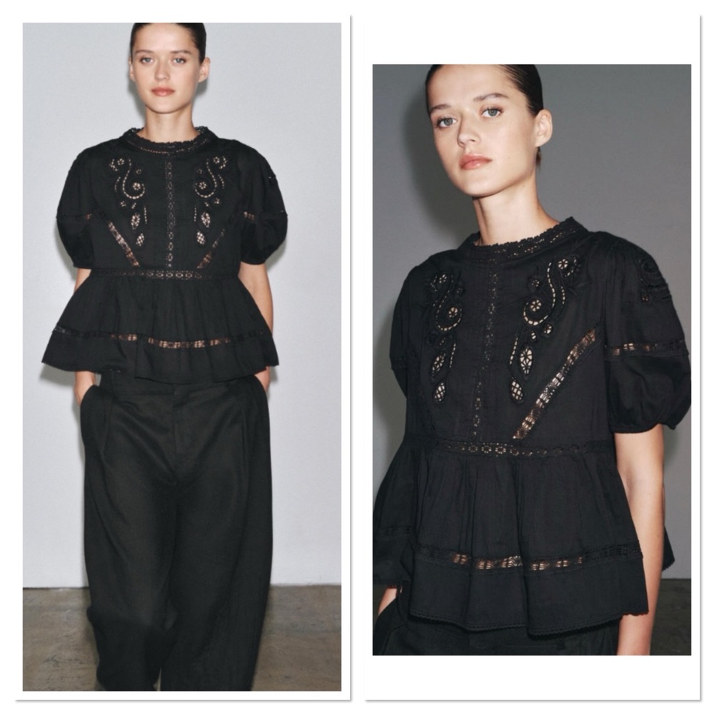 Zara Round Neck Short Sleeve Embroidered Romantic Blouse Top Sz:L Black